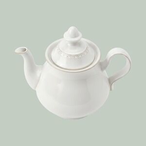 Denby England White Linen Stoneware Teapot with‎ Lid Brown Rim Geometric Border